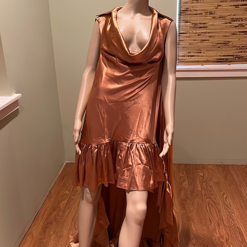 Akira Copper Satin High-low Cowl Neck Ruffles Tiers Maxi Dress Size XL